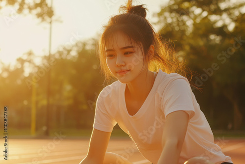 A young woman stretches in the golden hour, embodying determination and focus on her athletic journey.