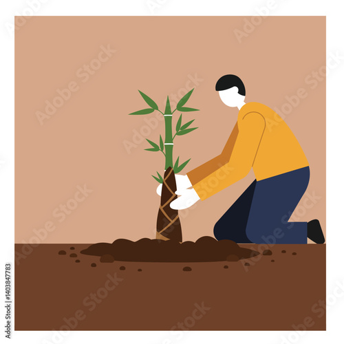 Person planting bamboo in soil with flat design style vector art
