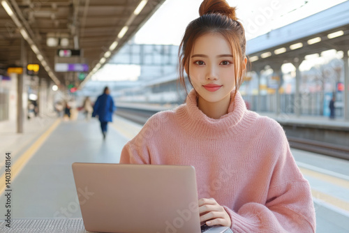 A young woman working on her laptop at a modern train station, embodying focus and productivity in a vibrant urban setting.