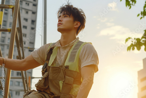 A young worker in safety gear gazes thoughtfully during sunset, reflecting on his day's work in a construction environment.