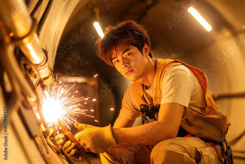 A young worker sparks creativity while welding in a tunnel, demonstrating skill and dedication to the industrial craft.