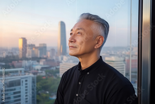 An elderly man gazes thoughtfully out a skyscraper window, reflecting on life during a beautiful sunset.