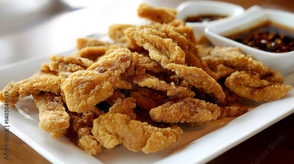 Crispy Dried Marinated Pork Strips Served with Dipping Sauce on a White Plate Crispy Dried Marinated Pork Strips Served with Dipping Sauce on a White Plate