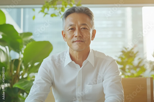 An older man in a white shirt smiles confidently in a bright, green office space filled with plants and natural light.