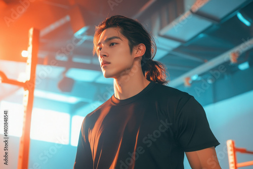 Athletic young man in a gym, focused and determined, representing strength and dedication in fitness training.