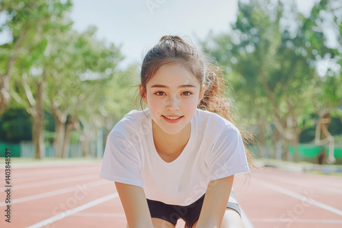 Cheerful athlete preparing for a race on an outdoor track, showcasing determination and focus in a vibrant environment.