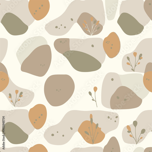 Modern flat design with soft pastel colors. Abstract brutalist-inspired pattern with natural organic shapes, stone textures blended with plant silhouettes. Muted grey, moss green, burnt orange