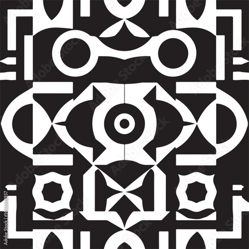 Modern flat design, classic black and white pattern.  Bold geometric shapes and clean lines create a balanced composition.  Contrasting stripes, circles, triangles, and squares form a rhythmic