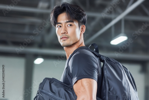 Confident young man holding gym bags, showcasing a fit lifestyle in a modern training facility, ready for a workout.