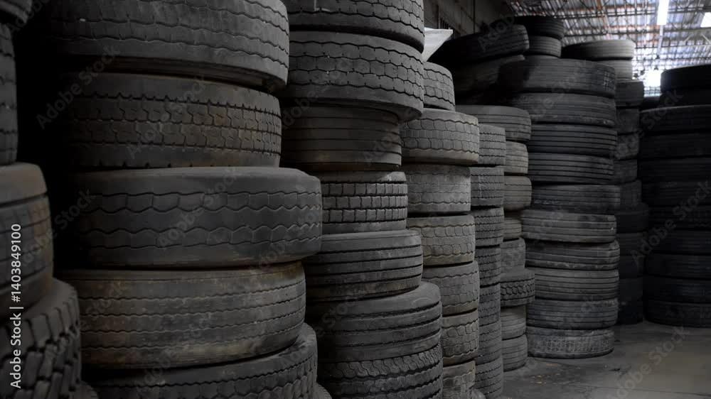 Discarded wheels lined up for sustainable recycling and material recovery process Discarded wheels lined up for sustainable recycling and material recovery process