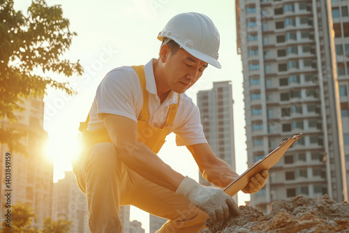 Focused construction worker reviewing plans on a tablet at a building site during sunset, showcasing dedication and hard work.