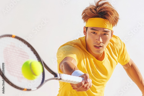 Focused young male tennis player in a vibrant yellow shirt, reaching for a tennis ball during a competitive match.