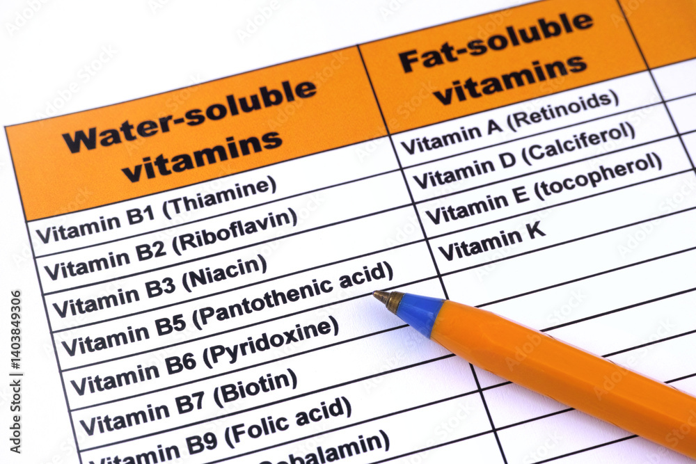 Obraz premium A table of water-soluble and fat-soluble vitamins. Close up.