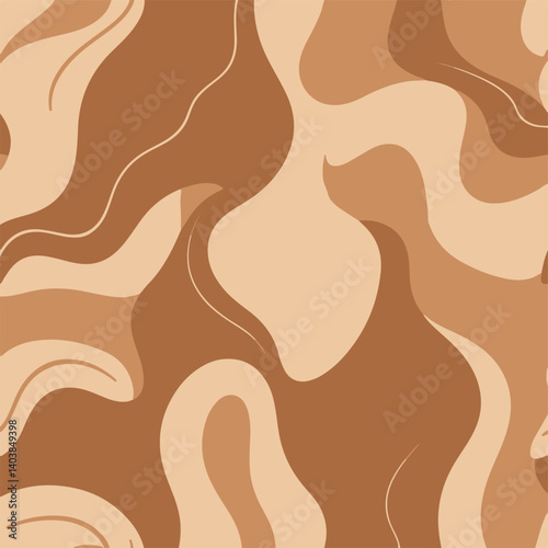 Modern flat design, natural earth tones pattern in browns and beiges. Muted colors, abstract shapes fluid waves, organic curves, angular lines. Harmonious flow, subtle contrast