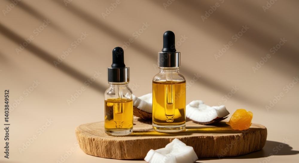 Essential oils and coconut pieces on wooden tray with warm shadows Essential oils and coconut pieces on wooden tray with warm shadows