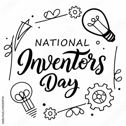 Hand-drawn Black and White Doodle Illustration for National Inventors Day with Light Bulbs, Gears, and Wreath