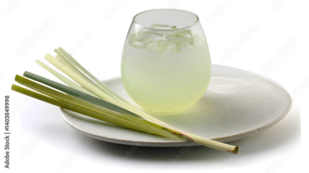 Refreshing Lemongrass Herbal Drink with Ice and Fresh Stems on Elegant White Plate Refreshing Lemongrass Herbal Drink with Ice and Fresh Stems on Elegant White Plate