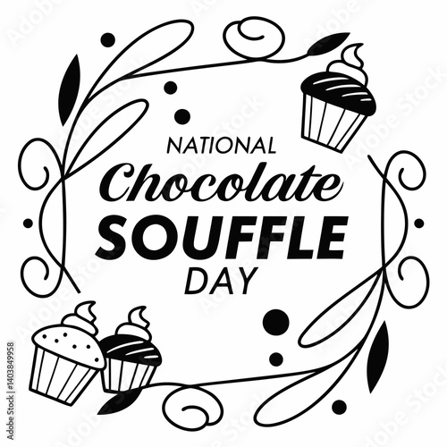 National Chocolate Souffle Day Black White Floral Frame Cupcakes Illustration