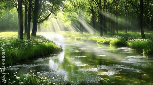 Sunbeams on a misty forest stream