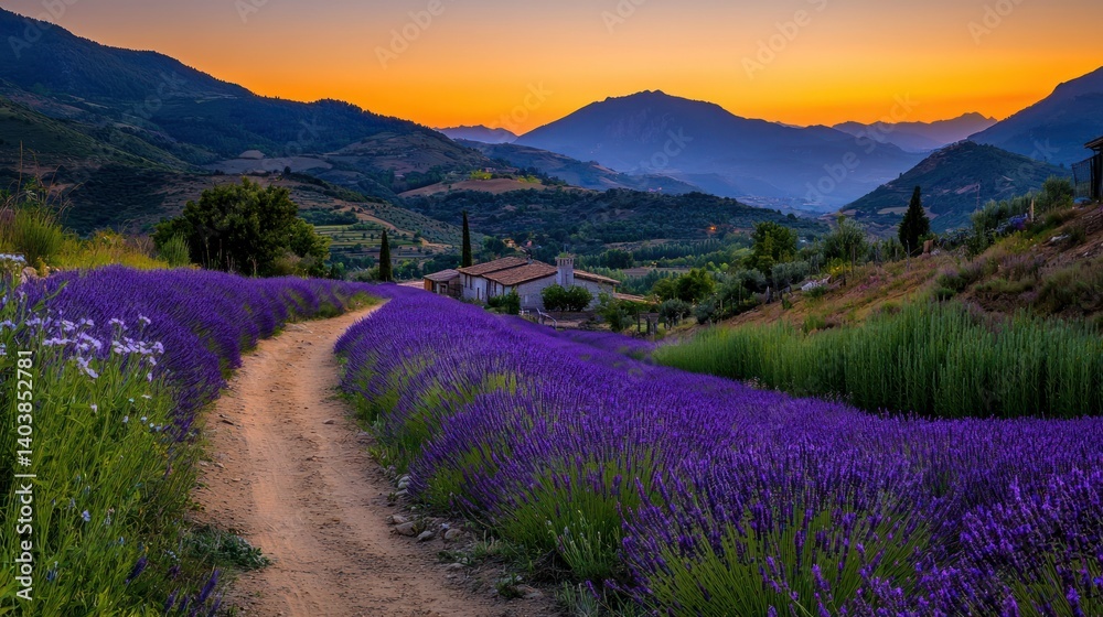 Obraz premium Scenic countryside landscape with a lavender field and mountains at sunset