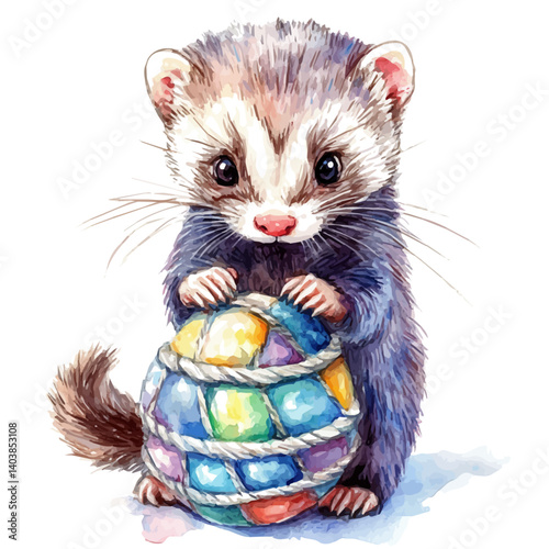 Ferret Exploring A Toy, watercolor vector, isolated on a white background.