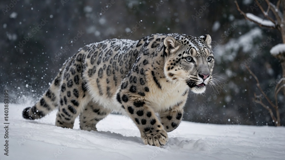 Snow leopard stalking through the snow Snow leopard stalking through the snow