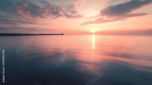Serene Sunset Over Calm Water with a Lighthouse Silhouette and Soft Cloudy Sky