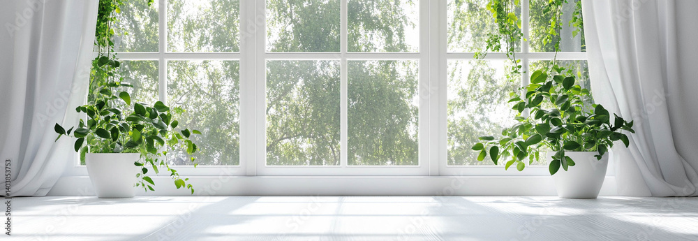 White window frame close-up with a greenery view in landscape format