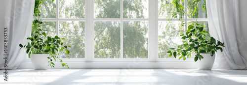 Obraz na płótnie White window frame close-up with a greenery view in landscape format w salonie