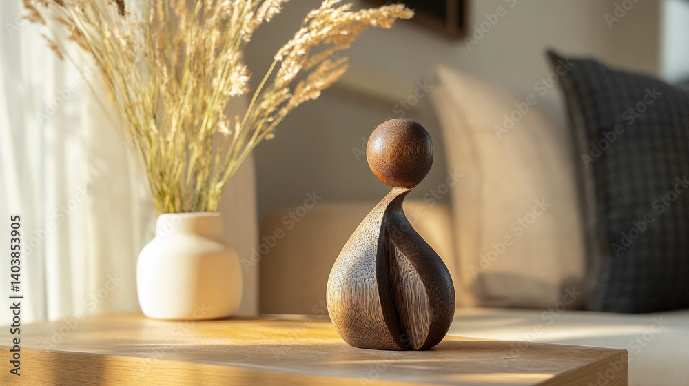 Side wooden table with a light beige ceramic vase and a decor object next to a comfortable sofa and bright window