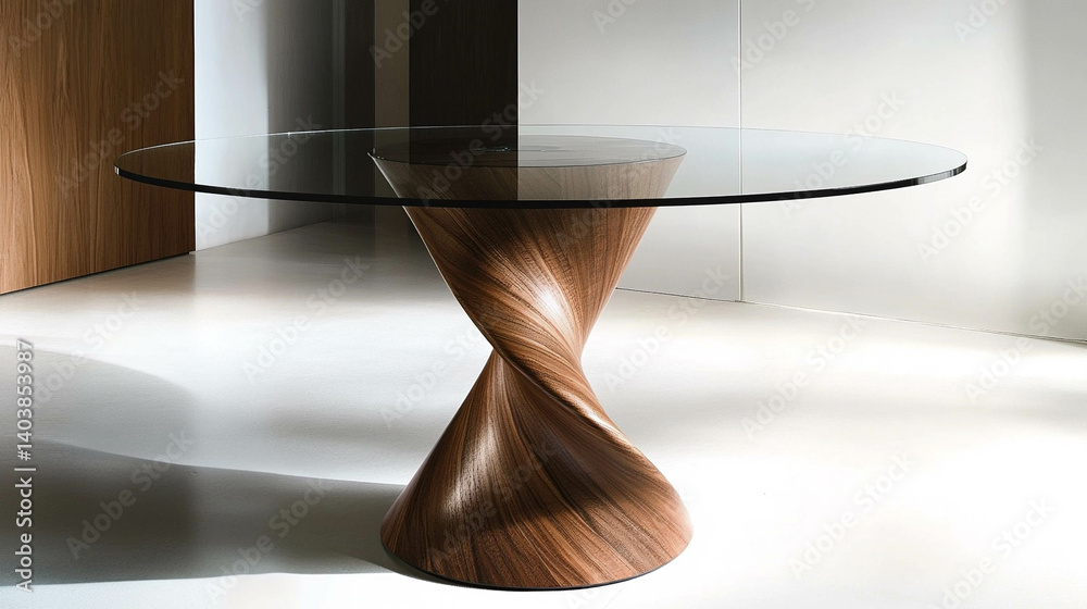 A round wooden design table close-up. Beautiful décor furniture