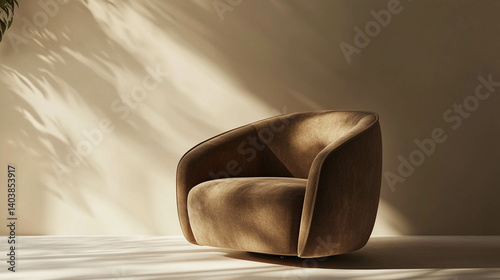 A modern and comfortable armchair in light brown colors and a light beige background and sunlight coming in