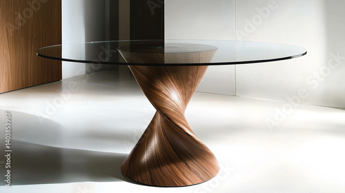 Obraz na płótnie A round wooden design table close-up. Beautiful décor furniture w salonie