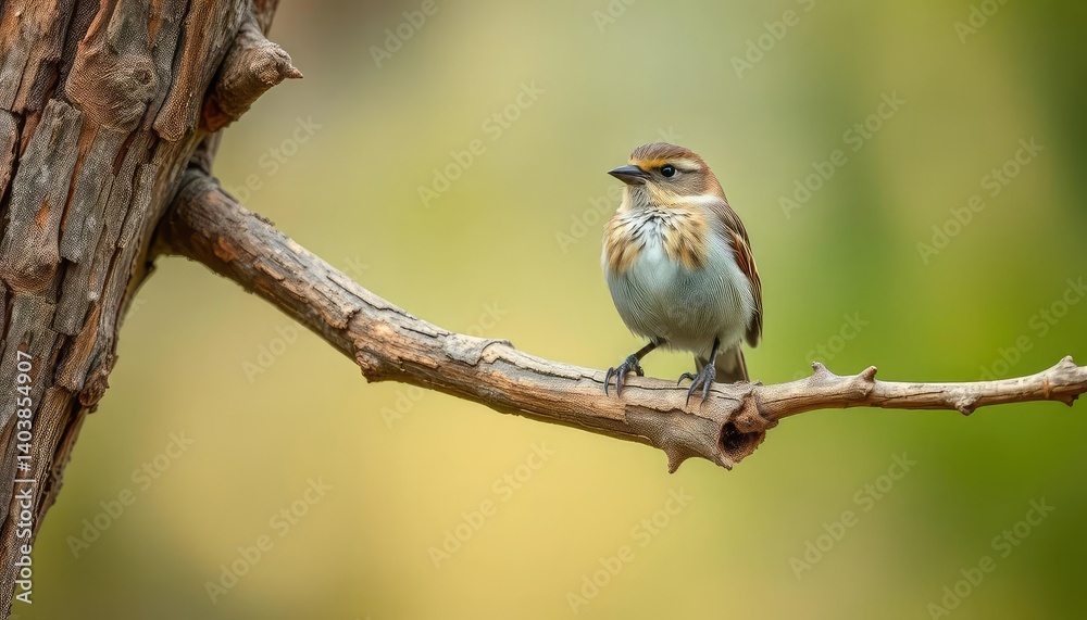 Fototapeta premium A tiny sparrow perched on a weathered tree branch, green, summer