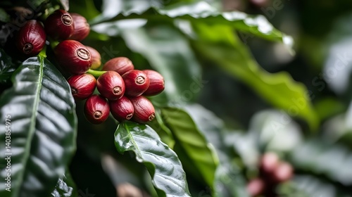Vibrant Red Coffee Beans on Lush Green Plant