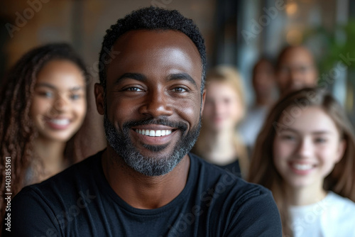 Portrait of happy confident African American business leader and millennial diverse team. Middle aged mentor, coach, teacher with multiethnic group of, Generative AI