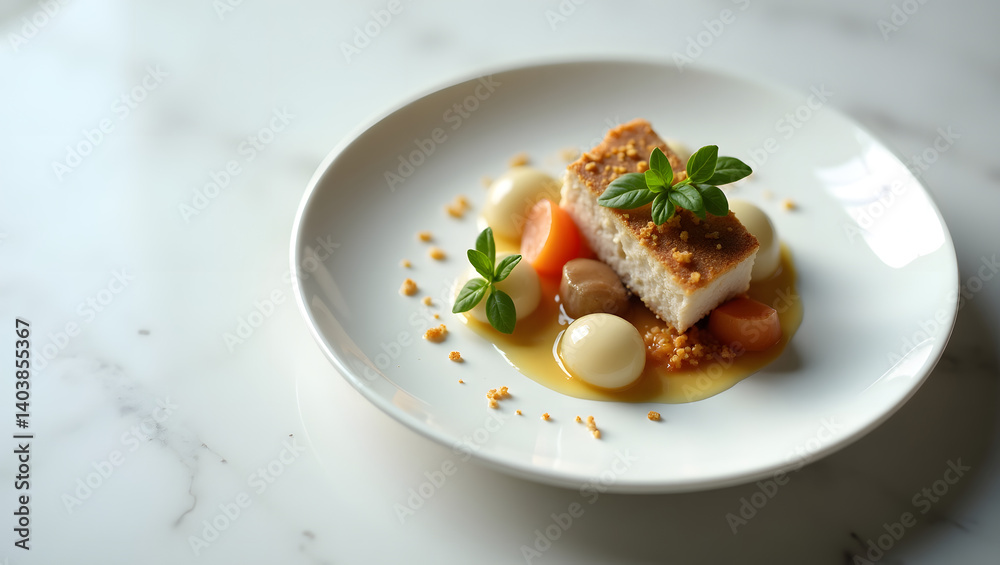 Gourmet plated fish fillet with vegetables and sauce on white plate Gourmet plated fish fillet with vegetables and sauce on white plate