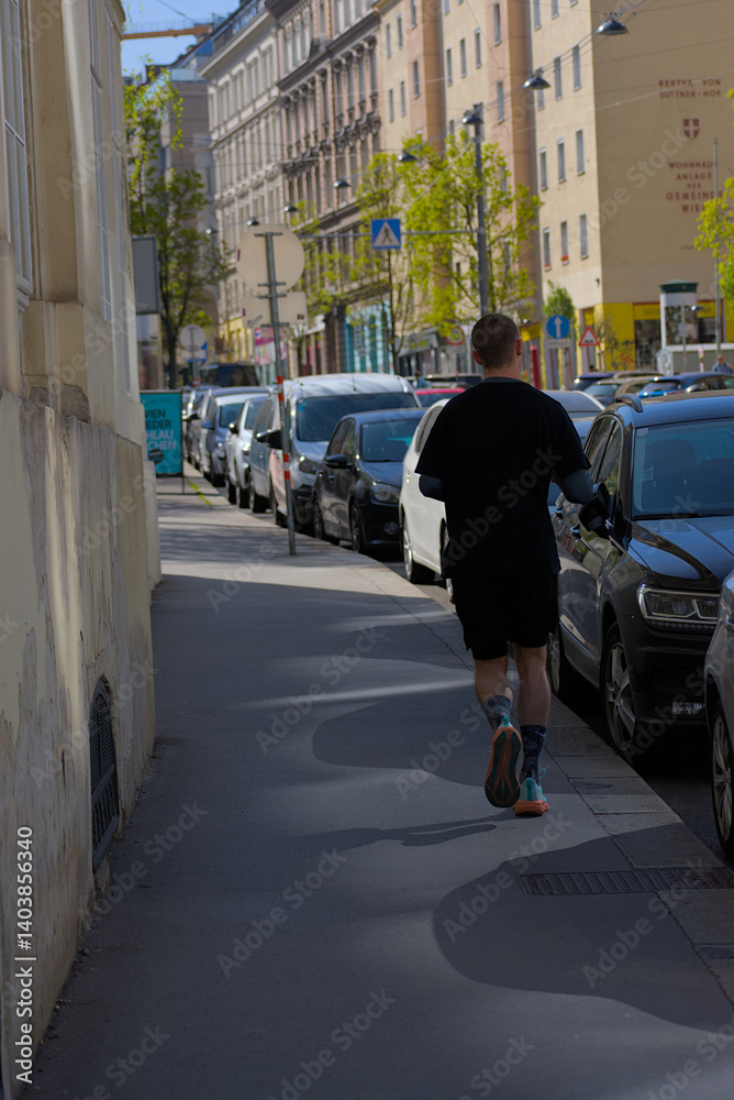 Embrace urban vitality with this dynamic image of a man jogging through lively city streets, radiating energy and determination in every stride. Embrace urban vitality with this dynamic image of a man jogging through lively city streets, radiating energy and determination in every stride.