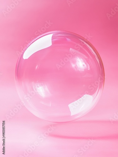 Transparent sphere floating on a pink surface creating a soft shadow in a minimalist style and clean background