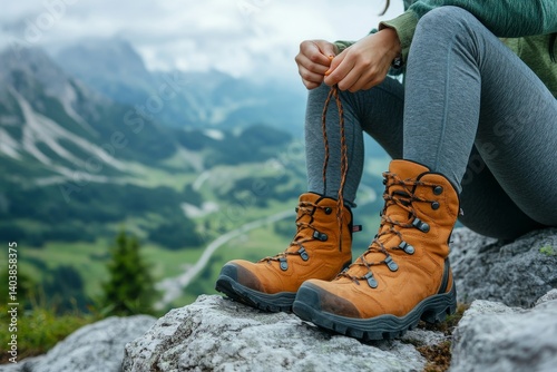 Wallpaper Mural Hiker lady tying boot laces sitting on rock, high in the mountains with beautiful view, free space, Generative AI Torontodigital.ca