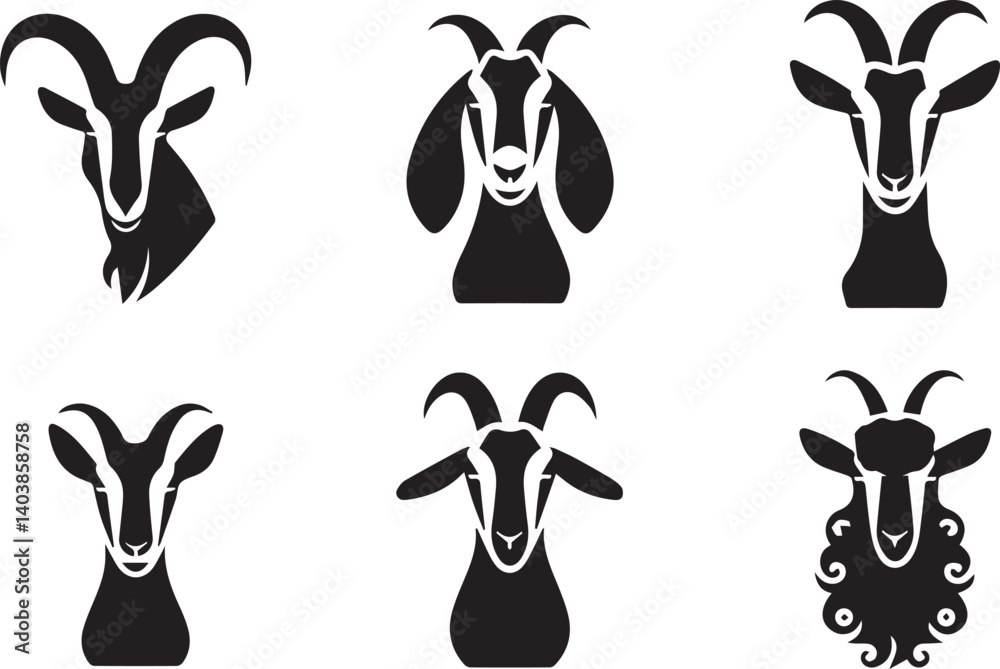 Goat Head Logo Icon Set in Vector Style, Horned Animal Silhouettes for Strong, Rustic Brand Identity Goat Head Logo Icon Set in Vector Style, Horned Animal Silhouettes for Strong, Rustic Brand Identity