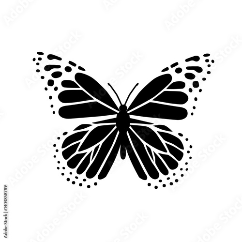Butterfly icon. Black and white drawing with a butterfly isolated on a white background. For logo, printing, tattoo, packaging, cards, surfaces, patterns and designs. Hand drawn