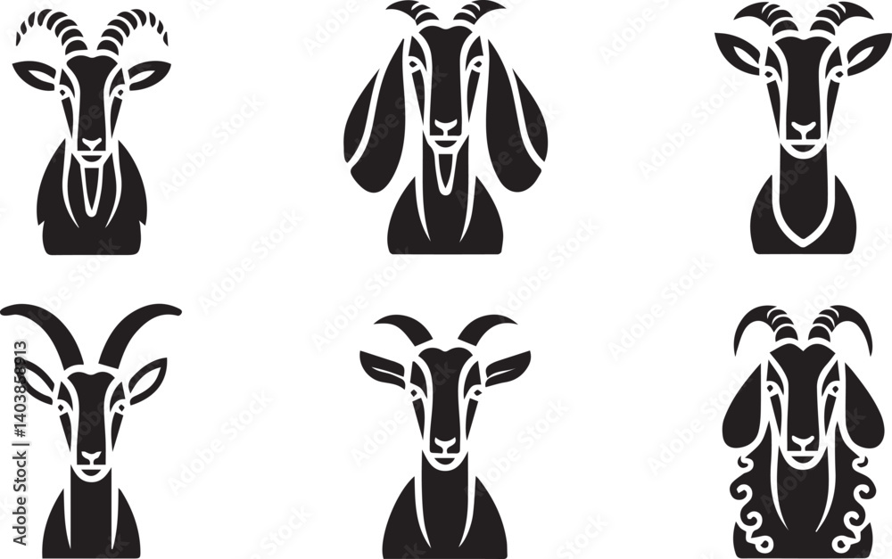 Goat Head Logo Icon Set in Vector Style, Horned Animal Silhouettes for Strong, Rustic Brand Identity Goat Head Logo Icon Set in Vector Style, Horned Animal Silhouettes for Strong, Rustic Brand Identity