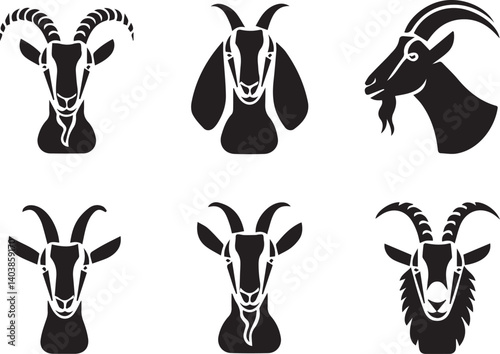 Goat Head Logo Icon Set in Vector Style, Horned Animal Silhouettes for Strong, Rustic Brand Identity