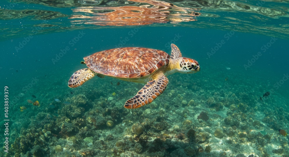 Obraz premium Sea Turtle in Coral Reef Habitat - A stunning underwater of a sea turtle gracefully swimming above a vibrant coral reef, teeming with marine life
