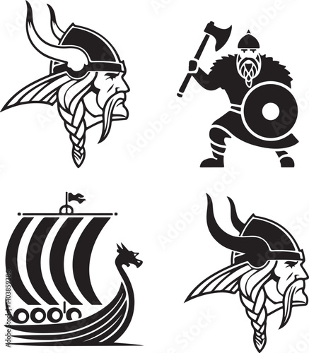 Viking Logo and Icon Set in Vector Silhouette Style for Bold T-Shirt Design and Norse Themes