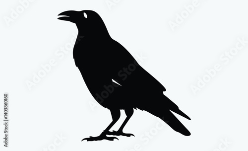 Raven bird silhouette vector, black crow icon, standing raven illustration, spooky bird shape, Halloween animal graphic