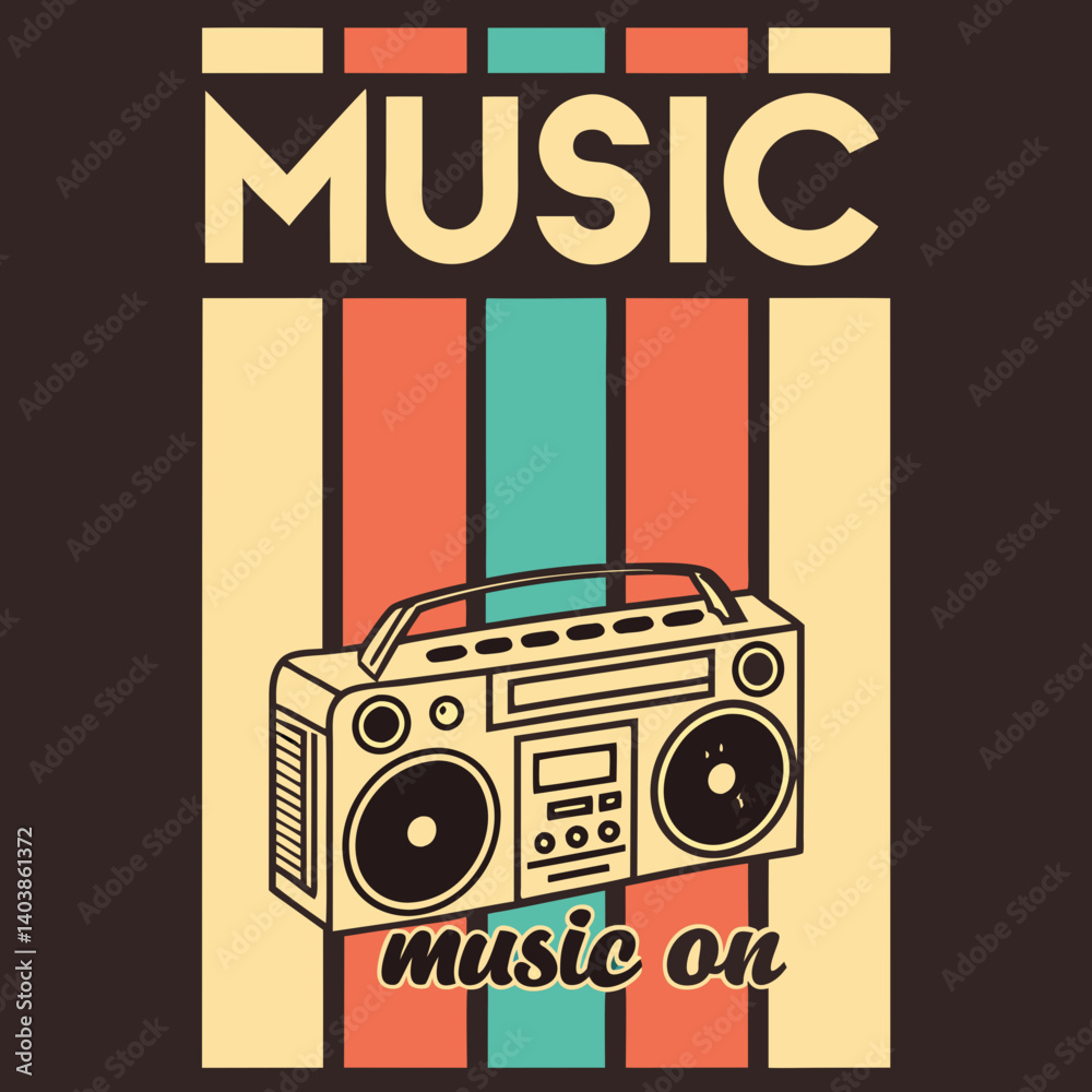 Obraz premium 80s Retro Music Boombox Graphics Vector Graphic Poster T-Shirt Print Design Beige Orange Teal Striped Background