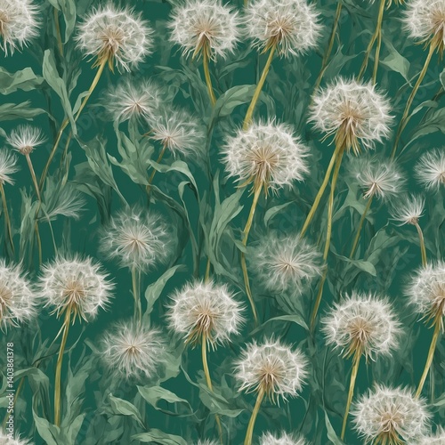 Seamless background of dandelions on a green backdrop, fresh and vibrant, perfect for nature-inspired designs.
