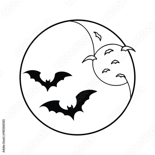 full moon with bats line art on white background.eps